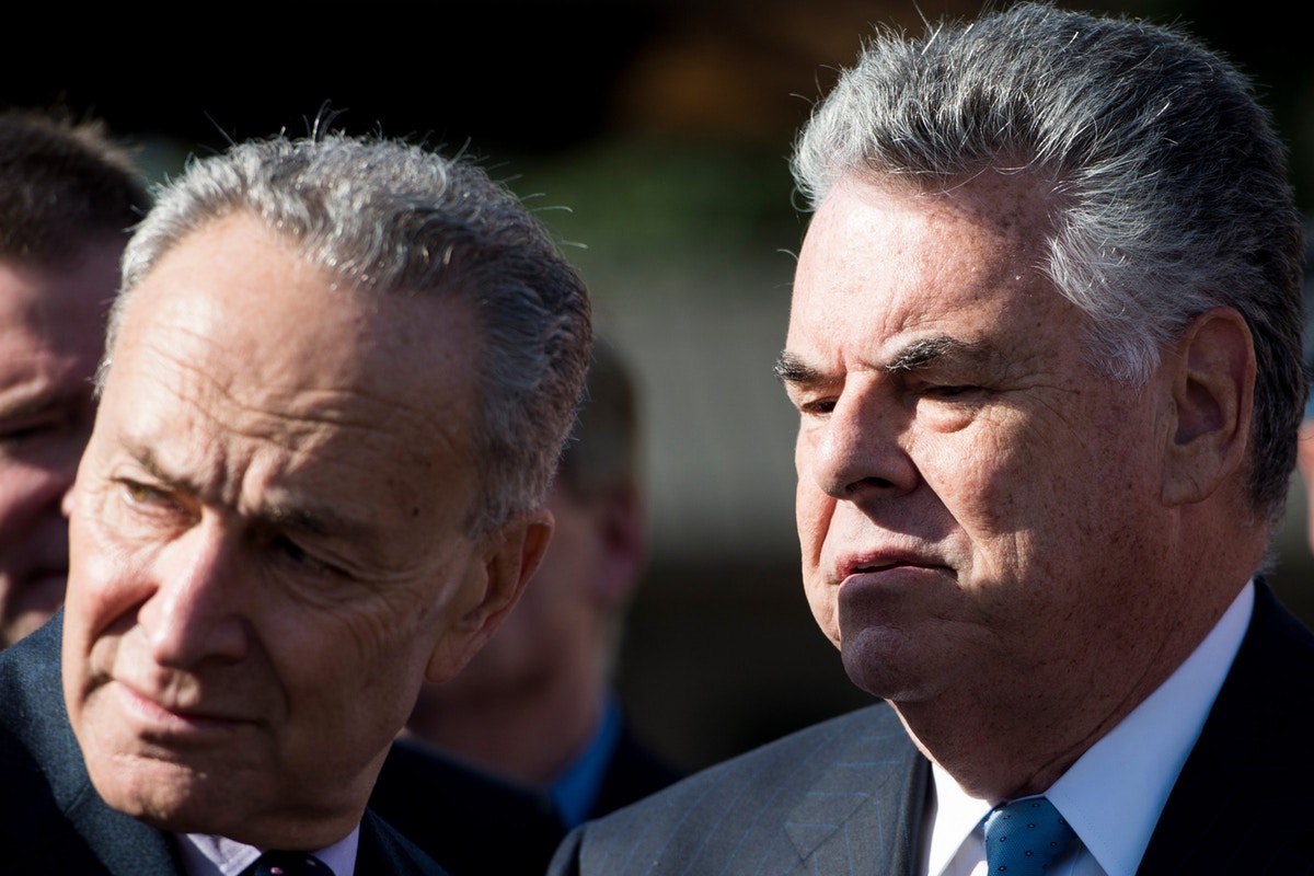 Senator Chuck Schumer and Congressman Peter King, 2015. Schumer, who calls himself “a guardian of Israel,” praised King as “head & shoulders above everyone else” in Congress.