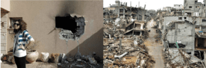 Left: An Israeli woman stands outside a damaged house hit by a rocket fired from the Gaza Strip; right: a neighborhood in Gaza, leveled in 2014, is still in ruins a year later.
