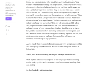 Alex Kantrowitz, Bradley Tusk interview screenshot referring to Andrew Yang, bds