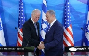 Prime Minister Benjamin Netanyahu (R) holds a joint press conference with then-US vice president Joe Biden at the Prime Minister's Office in Jerusalem, March 9, 2016. 