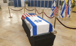 Sheldon Adelson's casket lies in repose in the Ben Gurion Airport in Tel Aviv, Israel, Jan. 14, 2021. He was an American citizen.