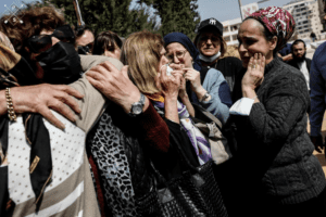Women weep at the funeral of 26-year-old Israeli Avishai Yehezkel, who was murdered Tuesday by a Palestinian terrorist in Bnei Brak, central Israel.