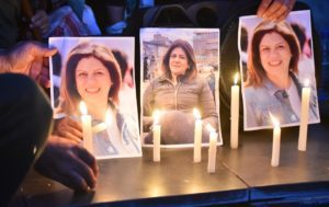 A candelight vigil mourning the killing of Al Jazeera reporter Shireen Abu Akleh in Beirut, Lebanon, on May 12, 2022.