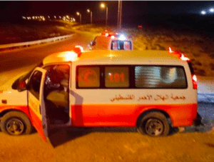 Photo of ambulance after its tires had been slashed by Israeli settlers.