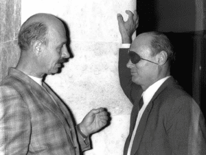 Moshe Dayan and Yigal Yedin, in 1971. "I will go down in the middle of the week with all the material," wrote Dayan to Yedin in the War of Independence.