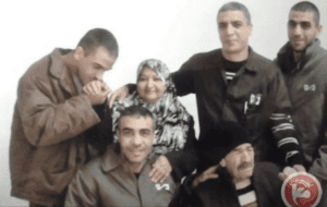 Four of six Palestinian brothers (Nasser, Nasr, and Sharif) pose with their parents. They have been in jail since 2002. Two more brothers, Mohammad and Islam, are in prison as well; a sixth brother, Abdul Meniem, was shot dead by Israeli soldiers in 1994.