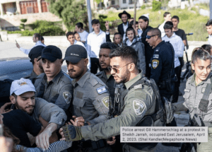 Police arrest Gil Hammerschlag at a protest in Sheikh Jarrah, occupied East Jerusalem, April 2, 2023.