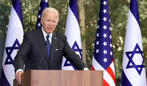 President Joe Biden speaks as he meets Israeli President Isaac Herzog in Jerusalem, Israel, July 14, 2022.