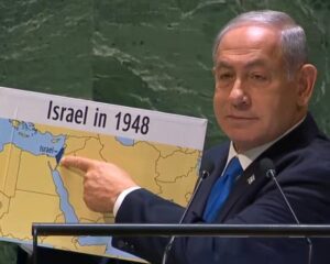 In a speech that was largely fantasy, Israeli PM Netanyahu points to where Israel was supposedly located in 1948