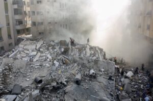 A building destroyed by Israeli strikes in Gaza City on Saturday.