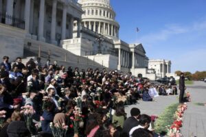 More than 100 Democratic and Republican congressional staffers gathered Nov. 8 on the steps of the U.S. Capitol to demand a cease-fire in the Israeli-Hamas conflict