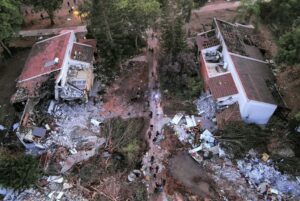 An aerial view shows damage in Kibbutz Beeri in southern Israel, October 11, 2023. The extent of the damage is beyond Hamas' capabilities.