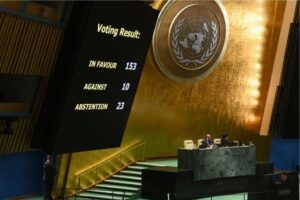 A general view shows voting results during a United Nations General Assembly meeting to vote on a non-binding resolution demanding “an immediate humanitarian ceasefire” in Gaza at UN headquarters in New York