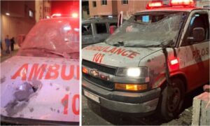 Images show two damaged Palestinian Red Crescent ambulances near the hospital, Nov. 9