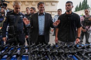 Israel’s National Security Minister Itamar Ben-Gvir attends an event to deliver weapons to local volunteer security group members in Ashkelon, Israel