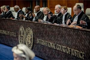 Judges at the International Court of Justice attend a hearing of the genocide case against Israel brought by South Africa in The Hague