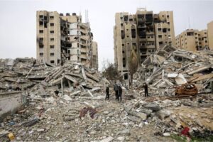A view of destroyed apartment buildings in the Nuseirat refugee camp in Gaza City on January 17