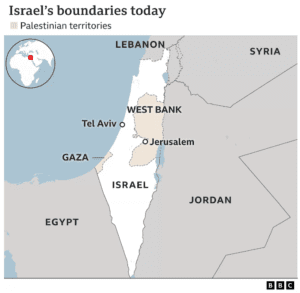Map of Israel and Palestinian territories via BBC.