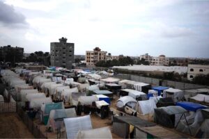 A view of the makeshift tent camp where Palestinians displaced by the Israeli ground offensive on the Gaza Strip are staying, in Rafah, January 23, 2024