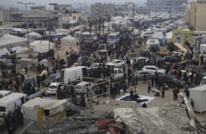 Displaced Palestinians arrive at a makeshift tent camp in Rafah, Gaza Strip, on Thursday, Dec. 28, 2023