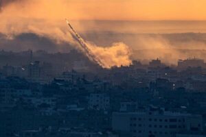 Rockets being fired toward Israel from the Gaza Strip on Oct 7.