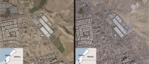 Map showing the proliferation of tent cities near Rafah in Gaza--on the left, October 15, 2023; on the right, January 14, 2024.