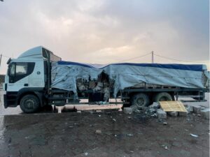 A view of a truck carrying food that, according to Thomas White, Director of UNRWA Affairs Gaza, was hit by Israeli naval gunfire, in this picture obtained from social media on February 5.