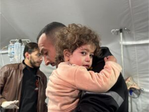 Injured children often have to deal with the loss of their families as well as the pain of their wounds. Pictured here is a child at the Kuwaiti Hospital after an Israeli attack on al-Ghoul family home in Tal as-Sultan, Rafah on January 25, 2024