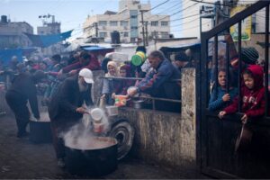 Palestinians lining up for food in Rafah, Gaza Strip, on Friday, February 16