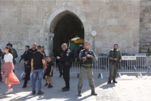 Israeli border police on patrol at the Damascus Gate in occupied East Jerusalem