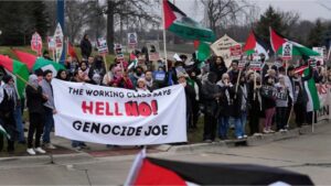 Angry over the massacre in Gaza, pro-Palestinian demonstrators march during a visit by President Joe Biden in Warren, Michigan, on Thursday, February 1, 2024