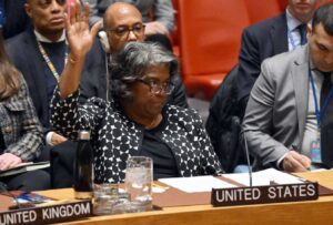 U.S. Ambassador to the UN Linda Thomas-Greenfield casts a veto vote during a UN Security Council meeting on the Israel-Hamas war, at UN Headquarters in New York City on February 20, 2024.