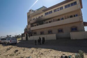 the building of medical charity Doctors Without Borders [MSF], which was targeted by Israeli tank fire in the al-Mawasi area, west of Khan Younis, in the southern Gaza Strip, on February 21, 2024