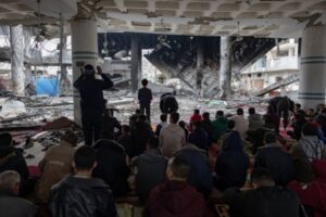 Palestinians performed Friday prayers in the ruins of a mosque destroyed in an attack by Israeli forces, in Rafah, southern Gaza Strip, on February 23, 2024