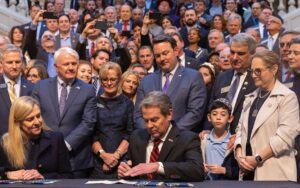 Georgia Governor Brian Kemp signs the IHRA defined antisemitism bill HB 30 at the Capitol in Atlanta, on January 31, 2024.