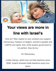 from Facts For Peace: "your views are more in line with Israel's"