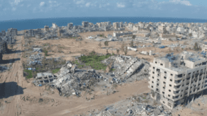 Aerial view of the destruction of the Sheikh Radwan neighbourhood, northwest of the Gaza Strip