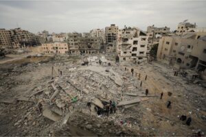 An aerial photo shows widespread destruction after Israeli strikes on homes in Gaza City