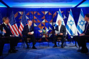US President Joe Biden (2nd left) and Israeli PM Benjamin Netanyahu (right) with US Secretary of State Antony Blinken (right) during a joint press conference in Tel Aviv, October 18, 2023