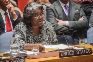 U.S. United Nations Ambassador Linda Thomas-Greenfield, centre, addresses a meeting of the United Nations Security Council on the war in Gaza, Monday, March 11, 2024, at U.N. headquarters.