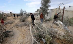 Palestinians inspect a farm after an Israeli airstrike. One farmer described the land as returning to desert.