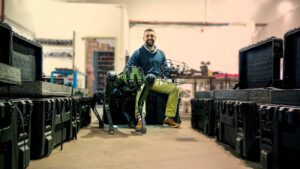 Robotican CEO Hagai Balshai and friends. 'The objective is to enter before the soldiers and identify traps and other hazards.'