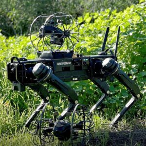 The Vision 60, a dog-shaped walking robot. Another robot, called the Rooster, is installed on the robot's back, creating a kind of ground robot and drone.