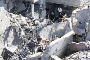 Buildings destroyed by Israeli strikes in the Nuseirat refugee camp