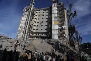 A view of the damaged Burj al-Masri building following an Israeli army attack on Saturday, in Rafah