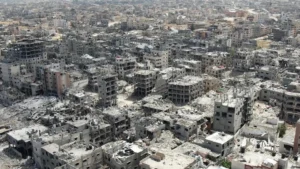 Aerial view of destroyed buildings in Khan Yunis in the southern Gaza Strip on April 22, 2024 amid the ongoing conflict between Israel and militant group Hamas.