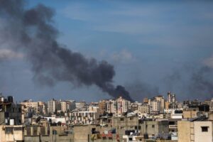 Smoke rises over the residential areas following the Israeli attacks as Israel’s air, land and sea attacks continue on the Gaza Strip on March 24, 2024 in Gaza City, Gaza.
