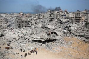 Destroyed buildings surround Gaza’s Al-Shifa hospital after the Israeli military withdrew from the complex on Monday