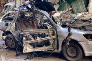 The car in which three sons of Hamas leader Ismail Haniyeh were reportedly killed in an Israeli air strike is pictured in the Shati camp, west of Gaza City