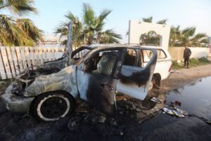 The vehicle where aid workers from the World Central Kitchen were killed in an Israeli airstrike on Monday